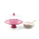 8pcs cake set ( 1big plate w foot n cover  6 small plate 1 ss cake server) - pink +gold   