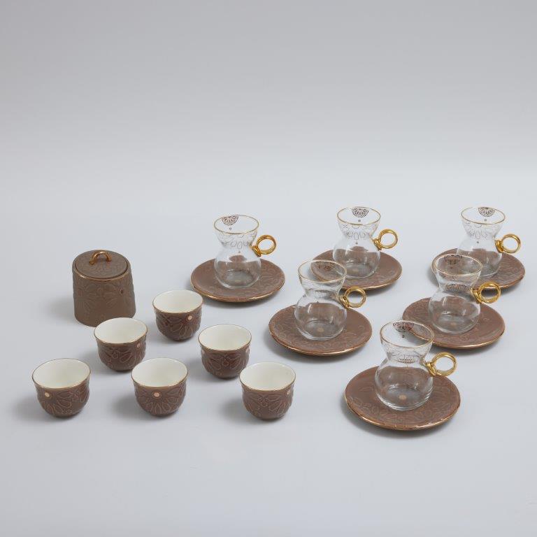 19pcs tea set ( 6 glass 6saucer 6 cawa 1 sugor) - Brown   