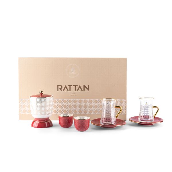 Tea And Arabic Coffee Set 19Pcs From Rattan - Red